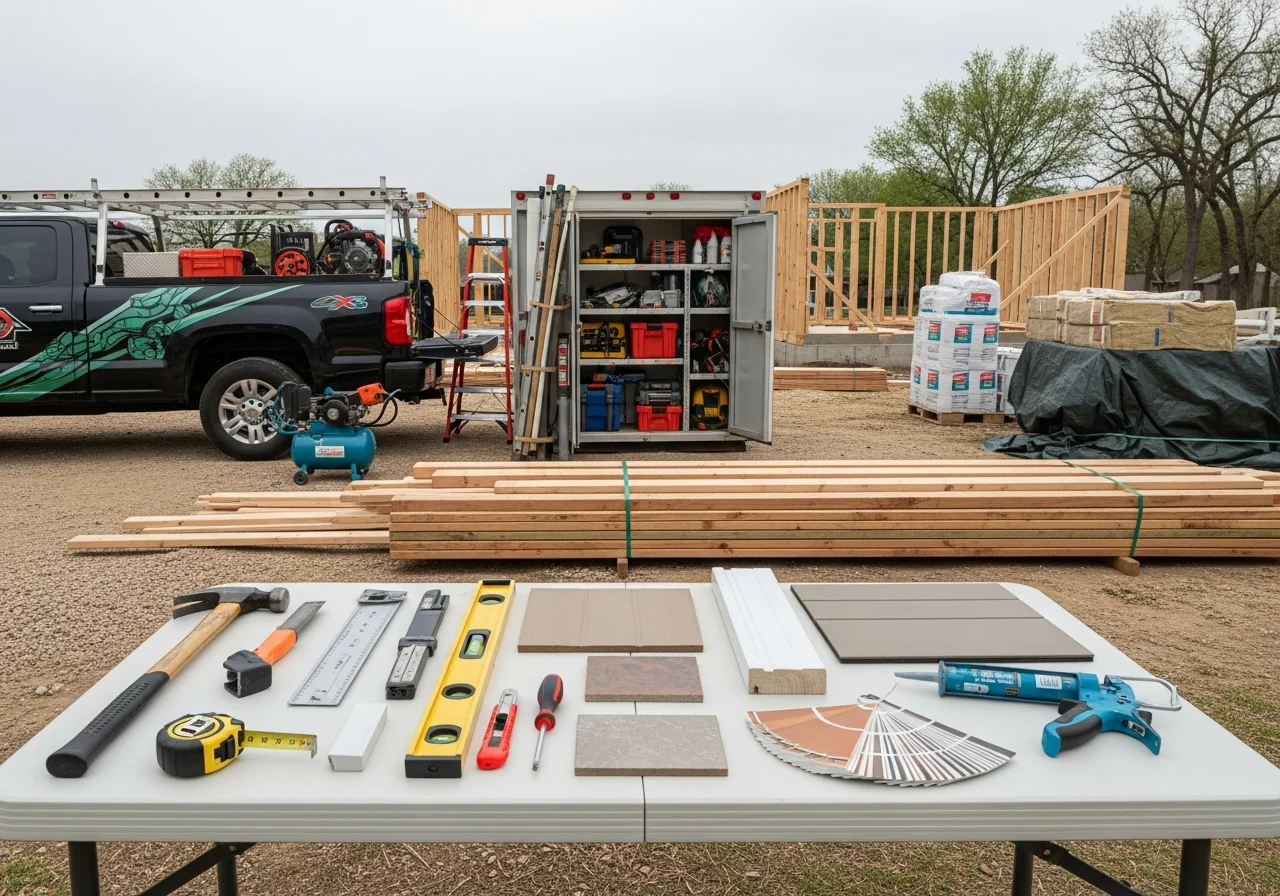 Construction crew and tools ready for a remodeling project, showcasing professional equipment and workspace.
