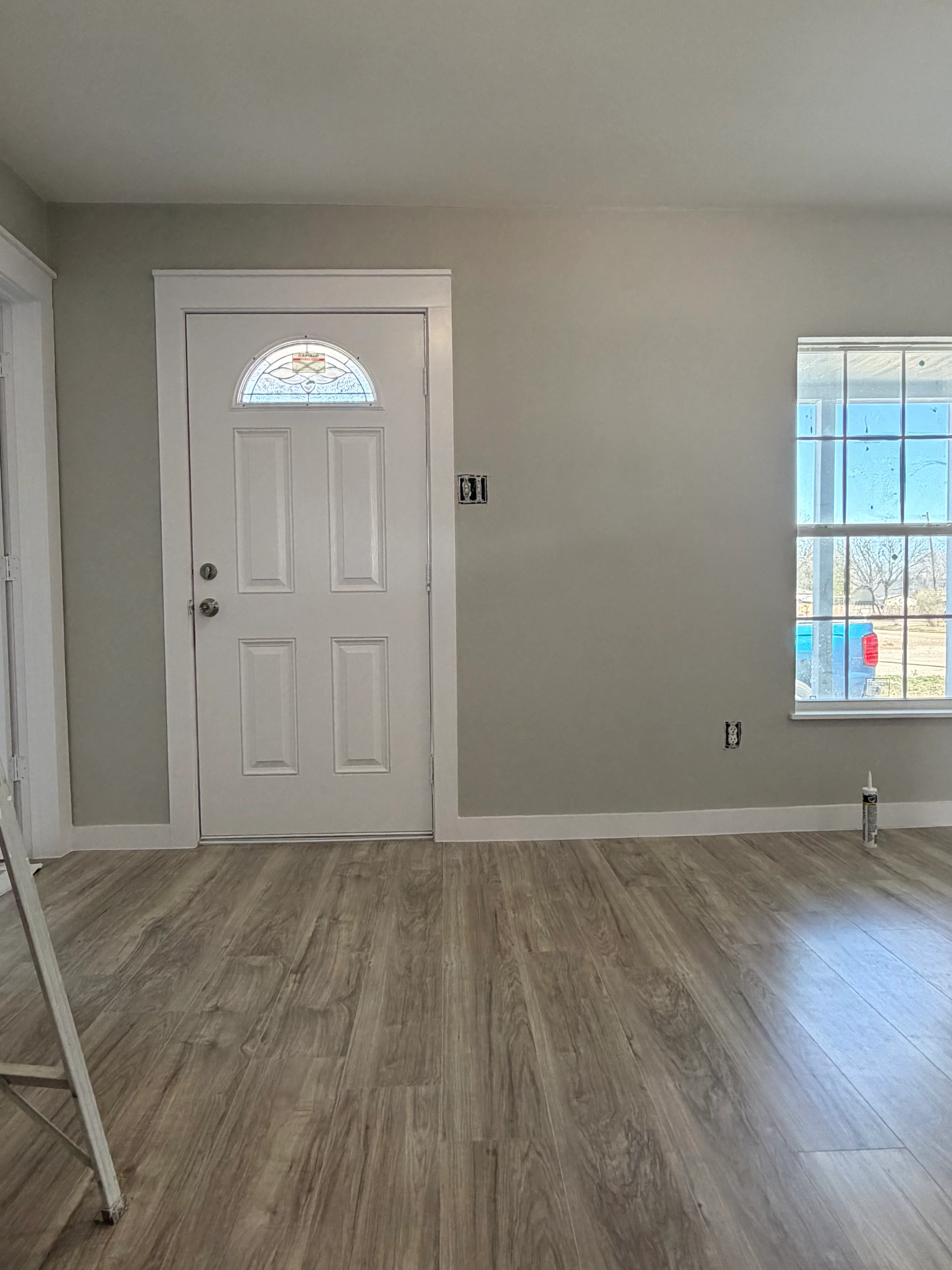 Newly remodeled entryway with vinyl plank flooring, neutral walls, and white six-panel door
