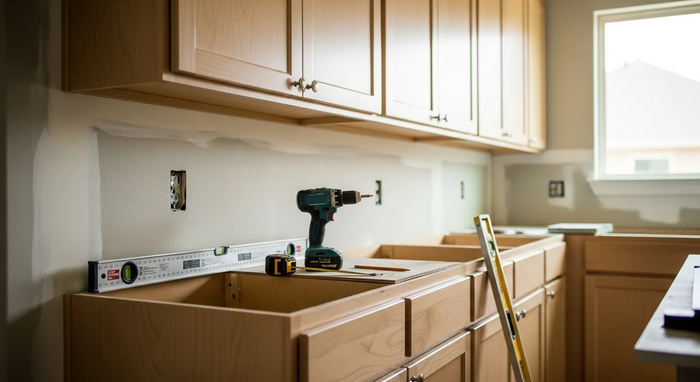 Newly installed wood-finish kitchen cabinets with clean lines and hardware in a single-family home in Spring, TX. Upper and lower cabinet runs are fully fitted against painted walls with visible countertop space below.