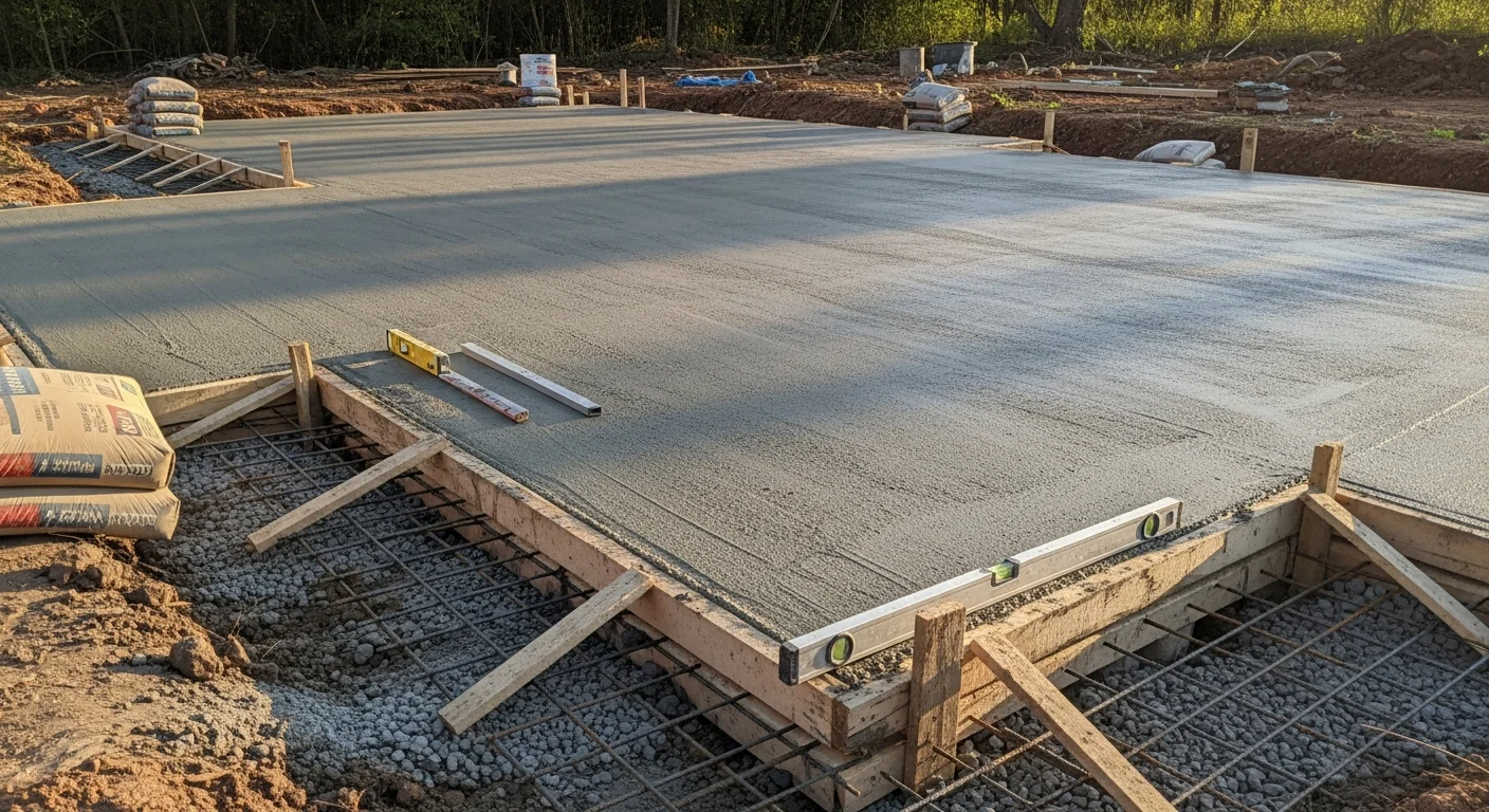 A freshly poured and steel-reinforced concrete foundation slab for a home addition in Spring, TX, with visible rebar grid and graded soil sloping away from the perimeter. Construction framing materials are staged nearby on a residential lot.