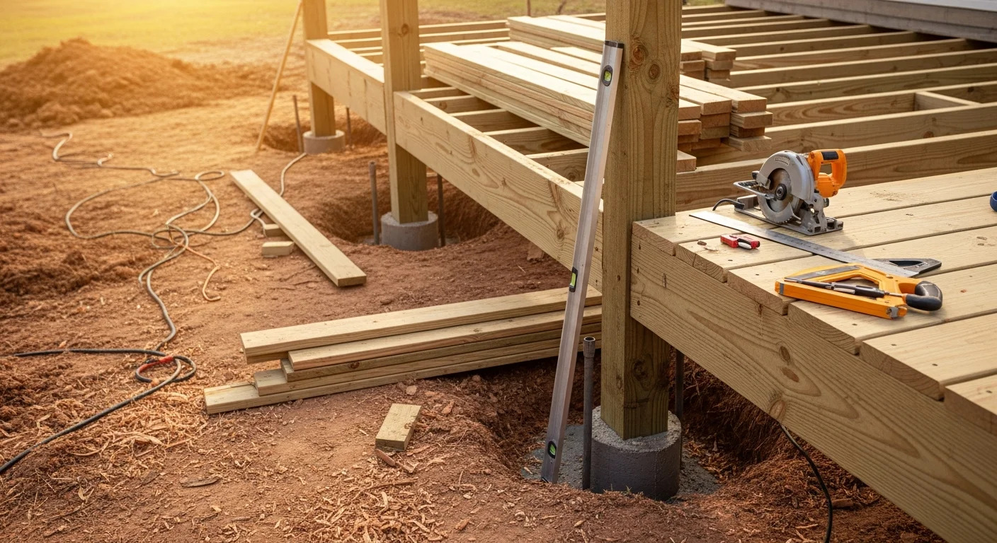A newly constructed raised wood deck attached to the back of a single-story home in Spring, TX, with board-and-rail detailing and stairs leading to the yard. The deck structure shows exposed framing connections and concrete footings set into the ground below.
