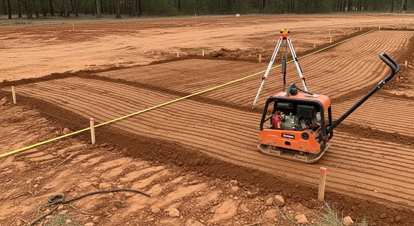 Freshly installed concrete driveway at a single-family home in Spring, TX, with clean edges, a smooth surface, and proper slope away from the garage. The surrounding yard shows compacted soil and clear drainage channels along the driveway border.