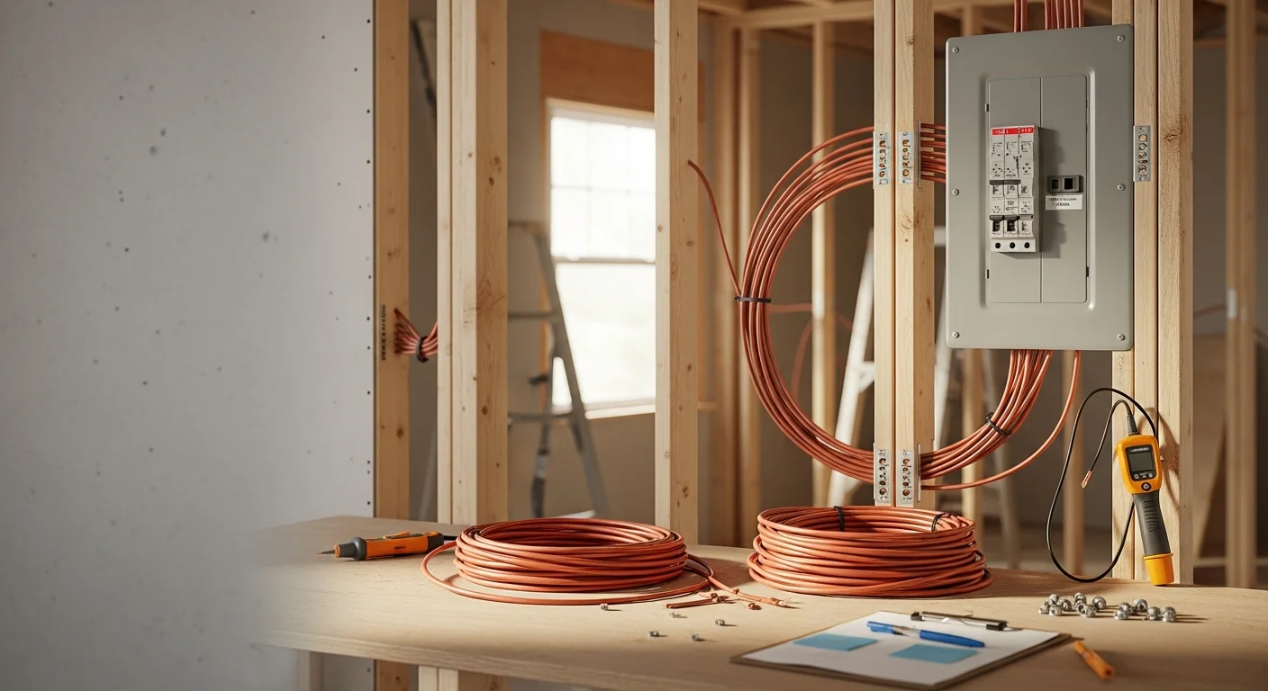 A licensed electrician installing a residential electrical panel inside a Spring, TX home during a remodeling project. Wiring runs are organized and secured within an open wall cavity ahead of drywall installation.