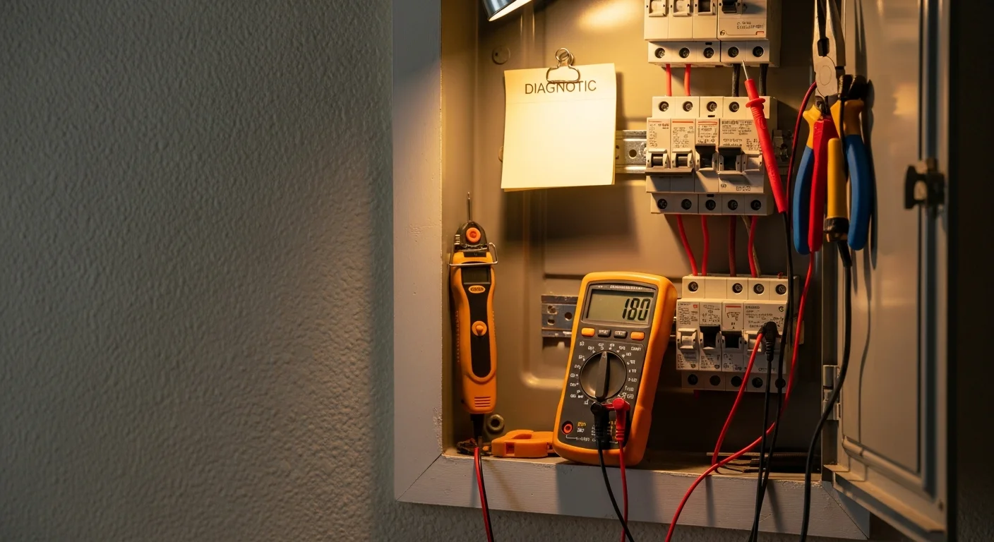 A licensed electrician inspecting an open electrical panel inside a Spring, TX home, with wiring and circuit breakers visible. The surrounding wall shows a typical residential interior found in Spring-area homes.