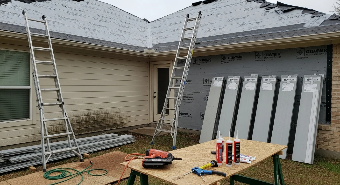 A Spring, TX home exterior showing repaired roofing and siding after storm damage, with clean fascia and intact gutters visible along the roofline. The finished repair reflects work suited to the high-humidity, hail-prone conditions common in the Spring area.