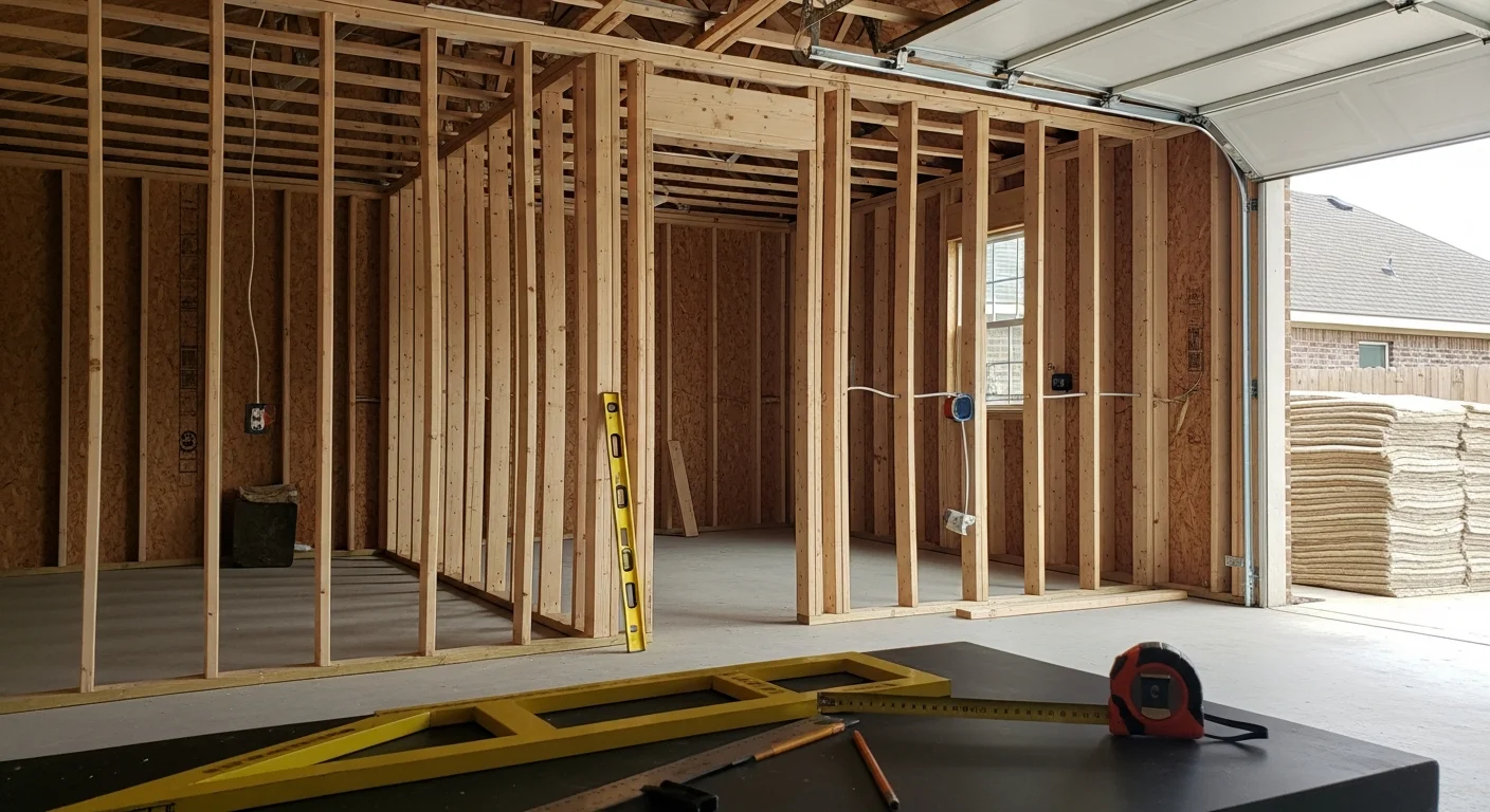 A finished garage conversion interior in a Spring, TX suburban home, showing insulated walls, wood-look flooring, recessed lighting, and a window where the garage door once was. The space is set up as a home office with natural light and trim that matches the rest of the house.