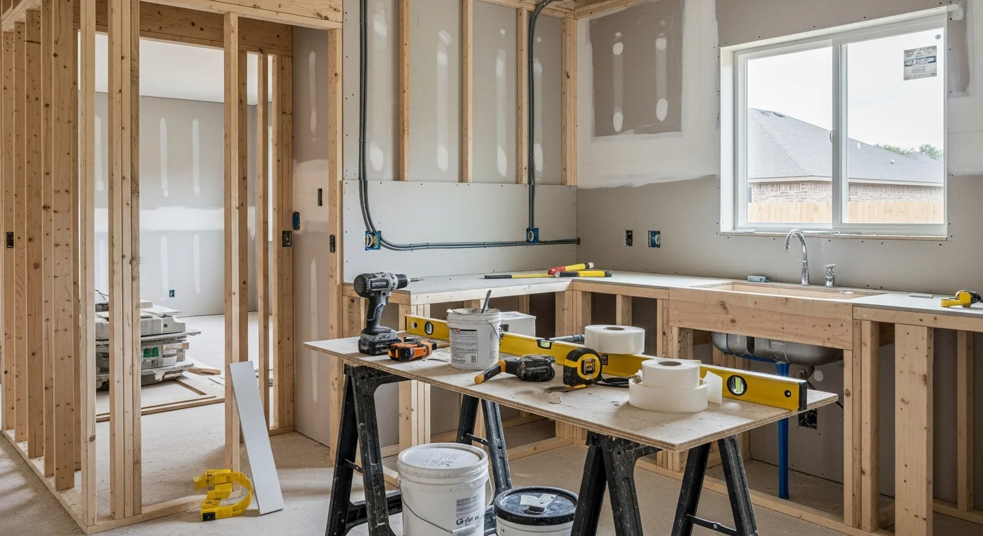 A remodeled open-concept kitchen and living area inside a Spring, TX home, featuring new cabinetry, updated flooring, and a reconfigured layout. The finished space reflects a full interior renovation completed by Solid Ground Construction & Remodeling LLC.