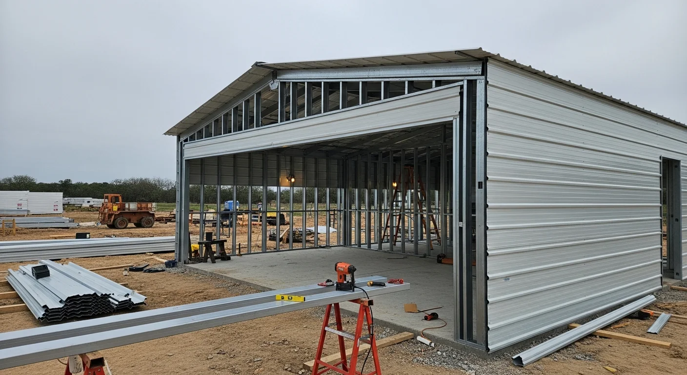 A completed metal garage structure built by Solid Ground Construction & Remodeling LLC on a residential property in Spring, TX, featuring enclosed steel walls, a pitched metal roof, and a wide vehicle entry door. The structure sits on a concrete slab with a clear sky visible above, reflecting the open suburban character of the Spring area.