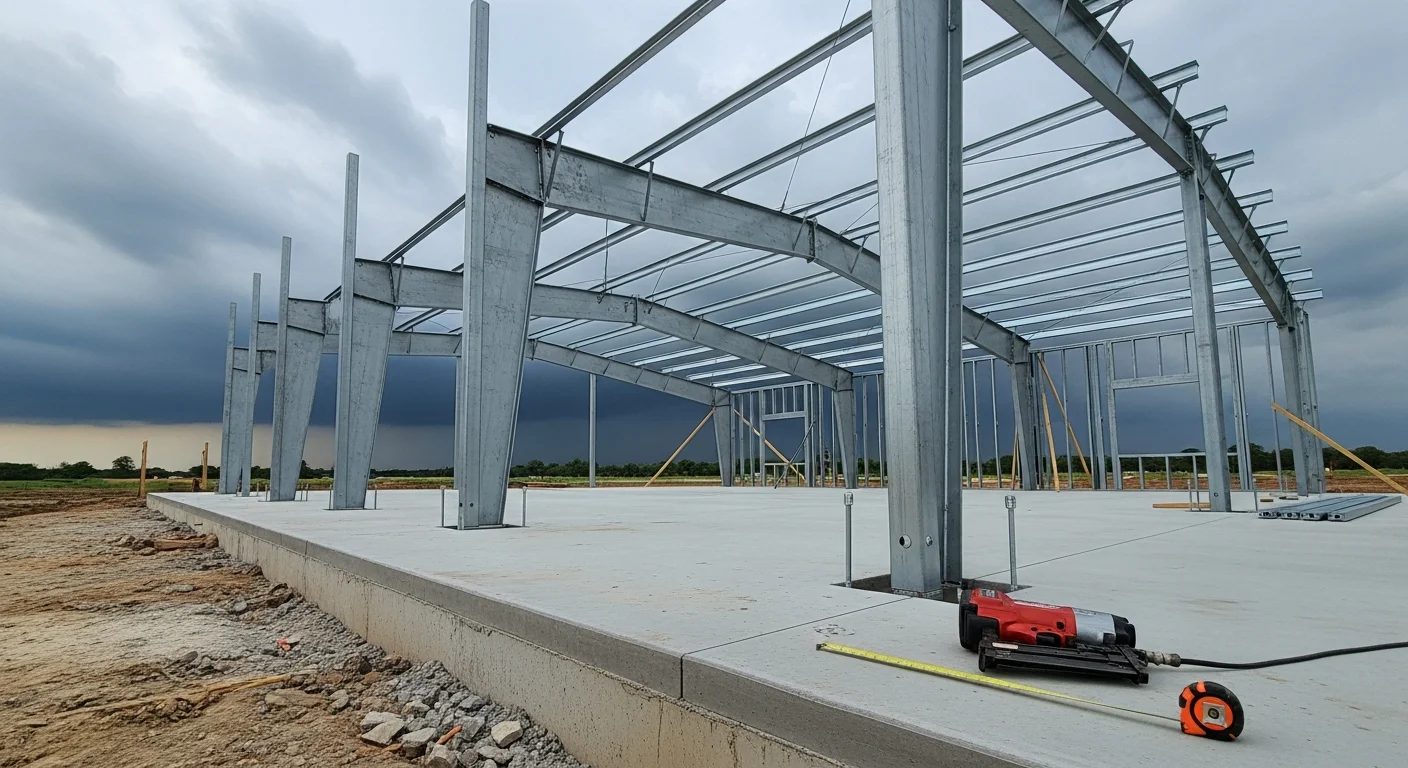 A completed custom metal workshop with steel exterior walls and a pitched metal roof on a residential property in Spring, TX. The structure includes a large roll-up door and a walk door, set on a poured concrete slab.