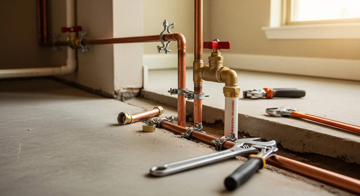 A licensed plumber installs new water supply and drain lines inside a slab-foundation home during a bathroom remodel in Spring, TX. Copper and PEX piping run through open wall framing with shutoff valves positioned at each fixture connection point.