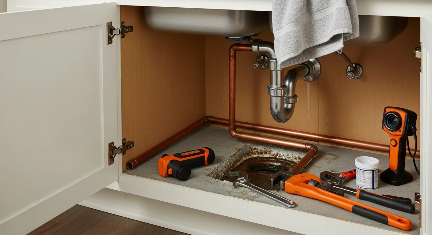 A plumber repairing a corroded pipe under a kitchen sink inside a Spring, TX home. Tools and replacement fittings are visible on the work surface beside the open cabinet.