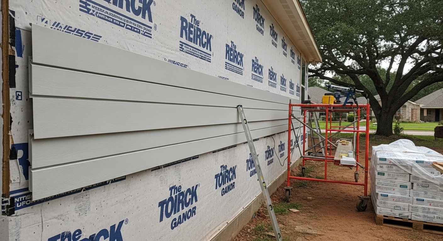 Freshly installed exterior siding on a single-family home in Spring, TX, showing clean lap panels, sealed trim joints, and a finished roofline transition. The completed exterior reflects a moisture-managed wall system suited for the Gulf Coast climate.