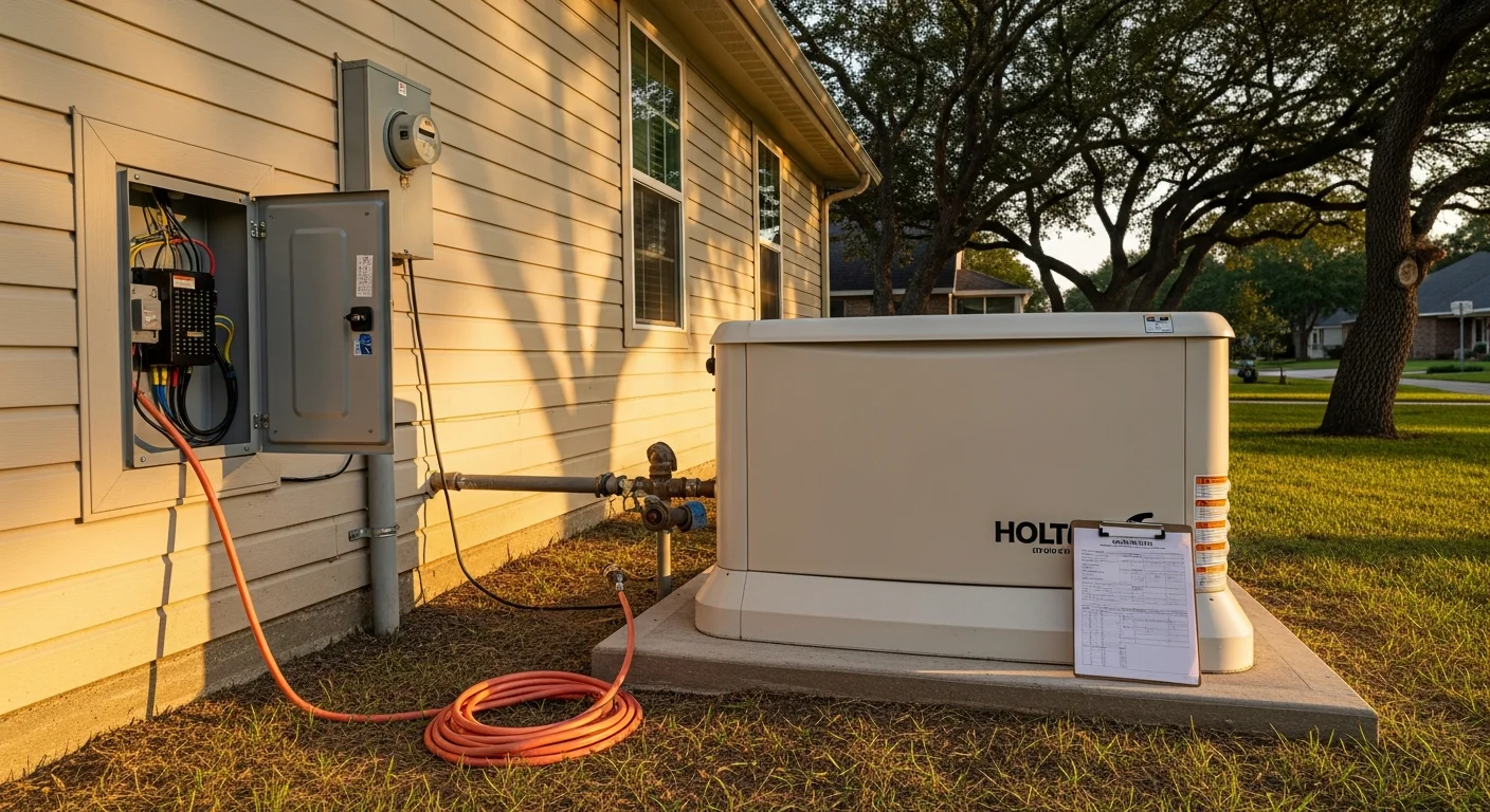 A permanently installed standby generator mounted on a concrete pad beside a residential home in Spring, Texas, connected to a natural gas line and exterior electrical conduit. The unit sits clear of the structure with visible transfer switch wiring running to the home's electrical panel.